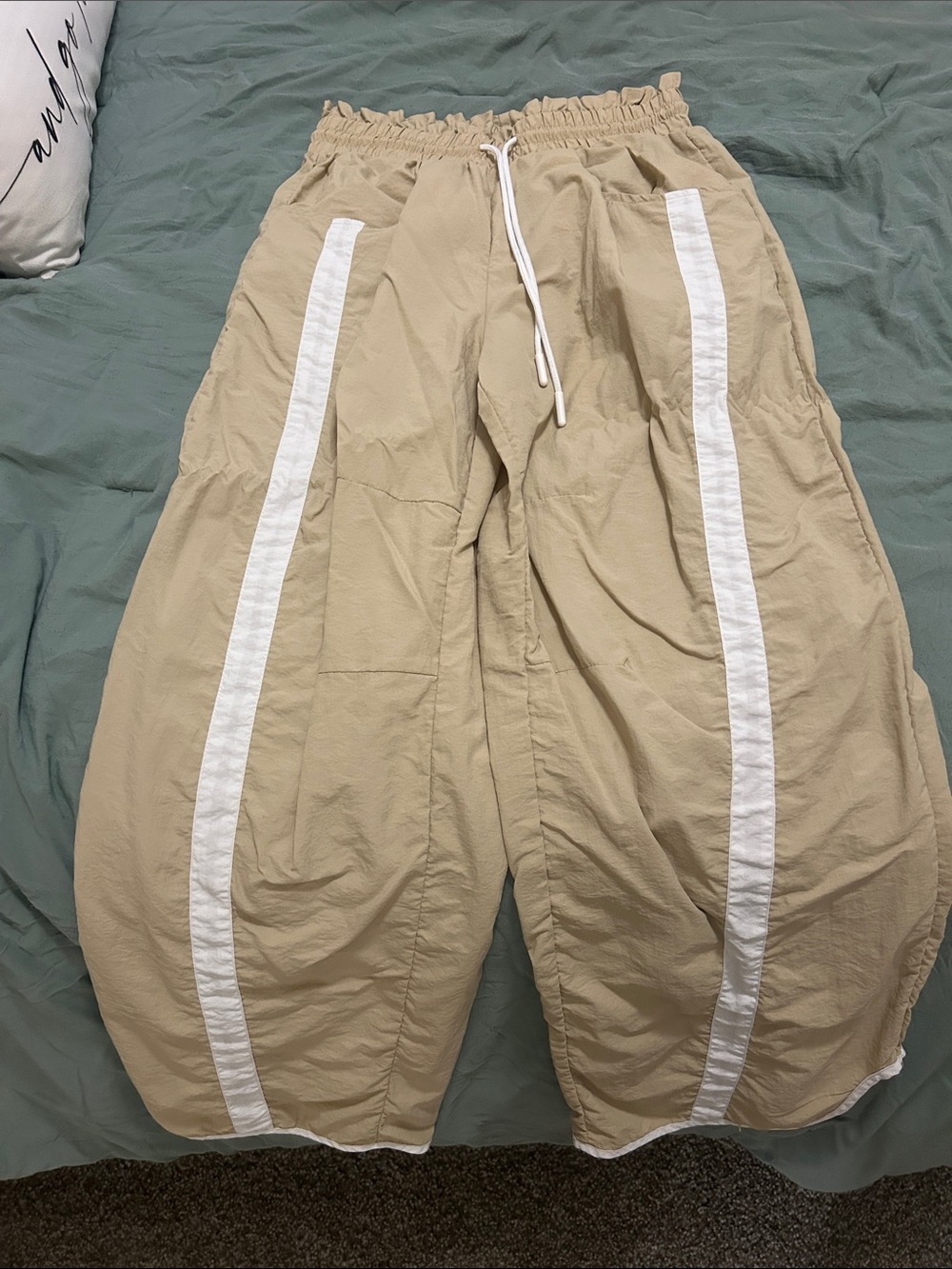 Wide Leg Drawstring Pants in Beige with White Stripe